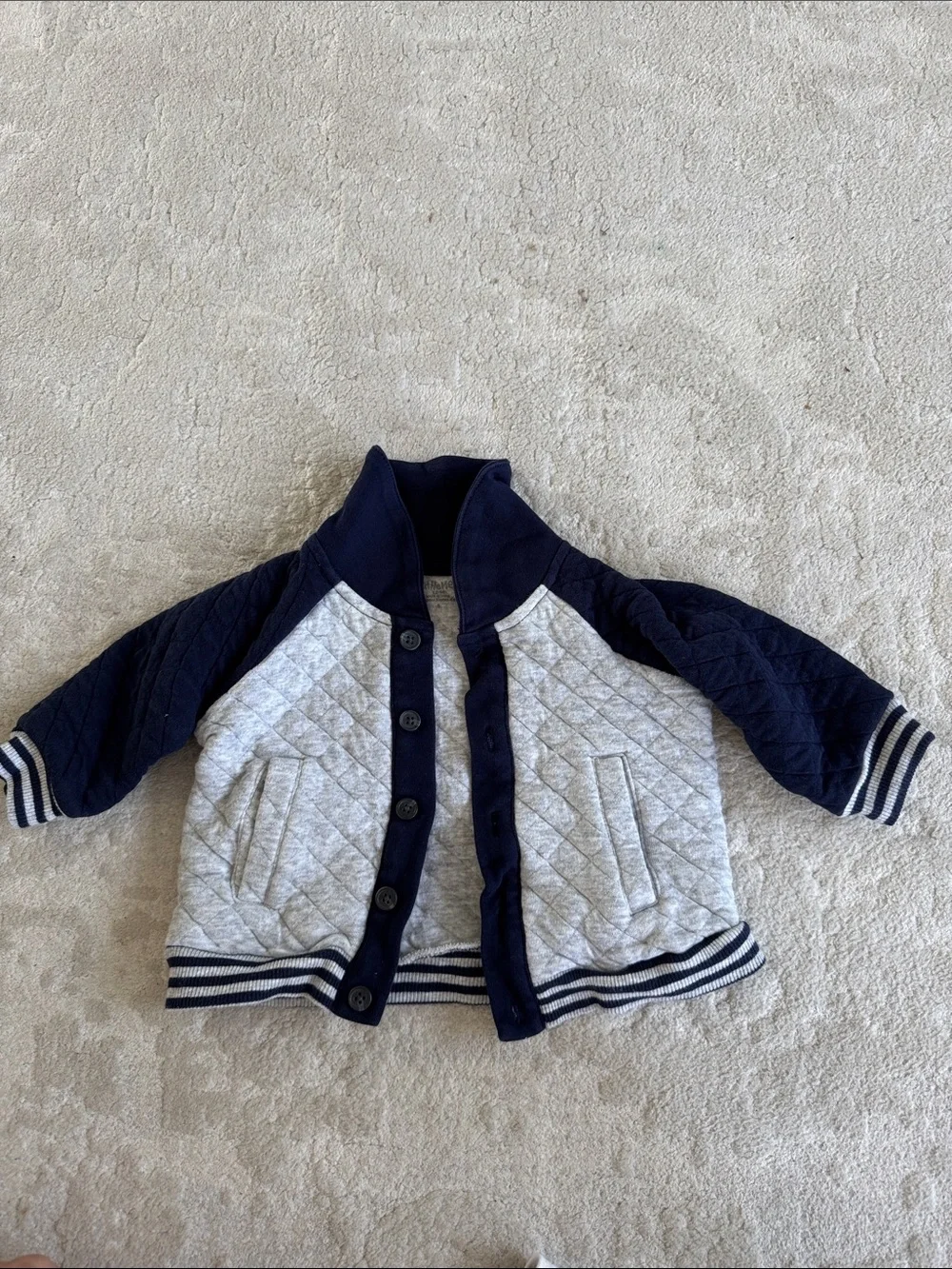 Little Me Quilted Button-Up Jacket in Light Gray and Navy